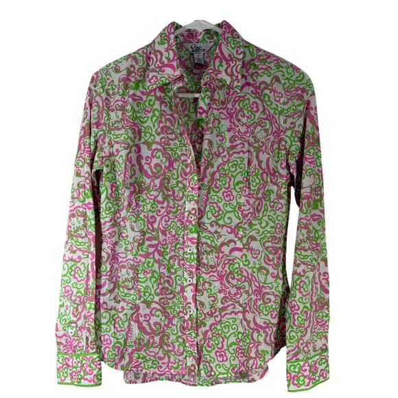 Lilly Pulitzer Tops - Lilly Pulitzer Sea View Button Down linen Shirt size L pink and green paisley